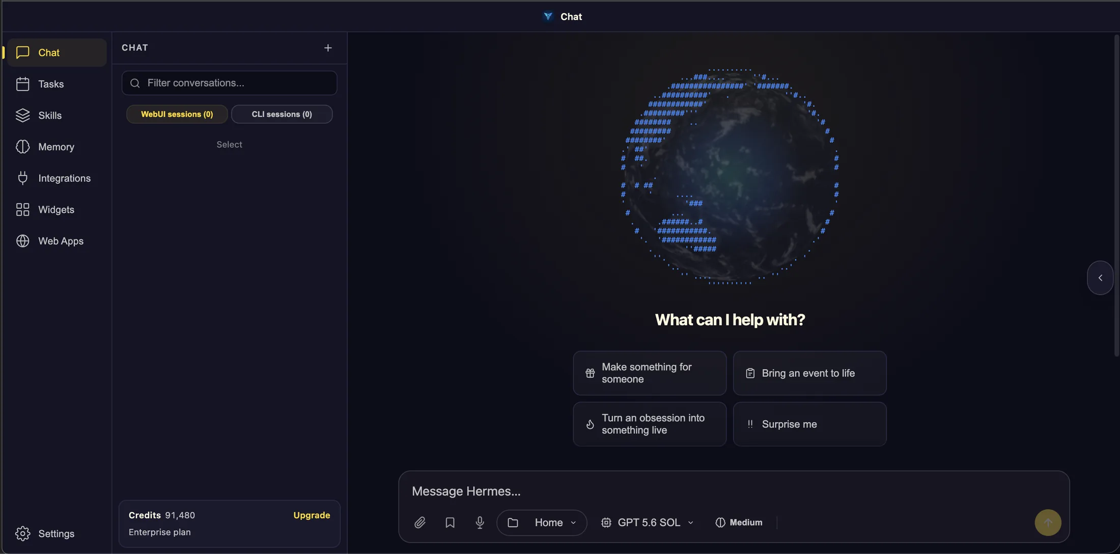 The agent's home screen: a chat greeting you with 'What can I help with?', starter suggestions, and the sidebar with tasks, skills, memory, integrations, and web apps